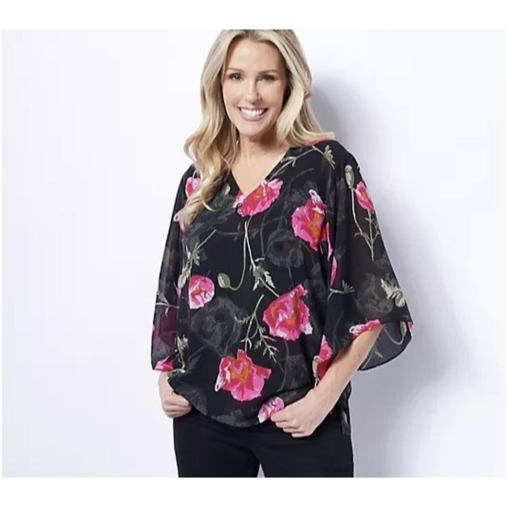 Belle by Kim Gravel Poppy Printed Blouse Embroidery Black  X-Small A475526